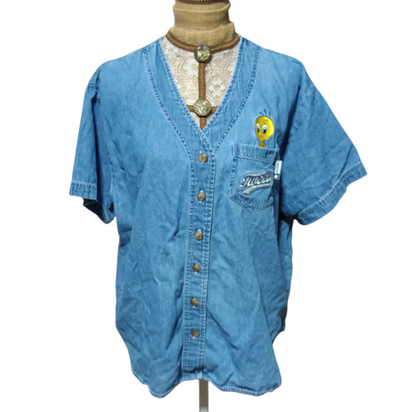 Vintage Looney Tunes Denim V-neck Short Sleeve Button Down Shirt  XL - Picture 2 of 5